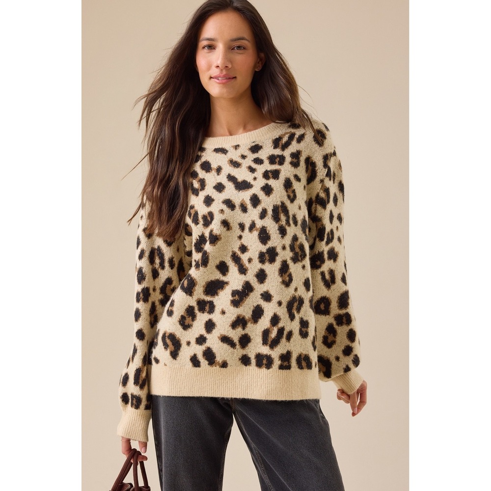 Altar'd State Leopard Print Crewneck Sweater Natural Brown Size XL NEW